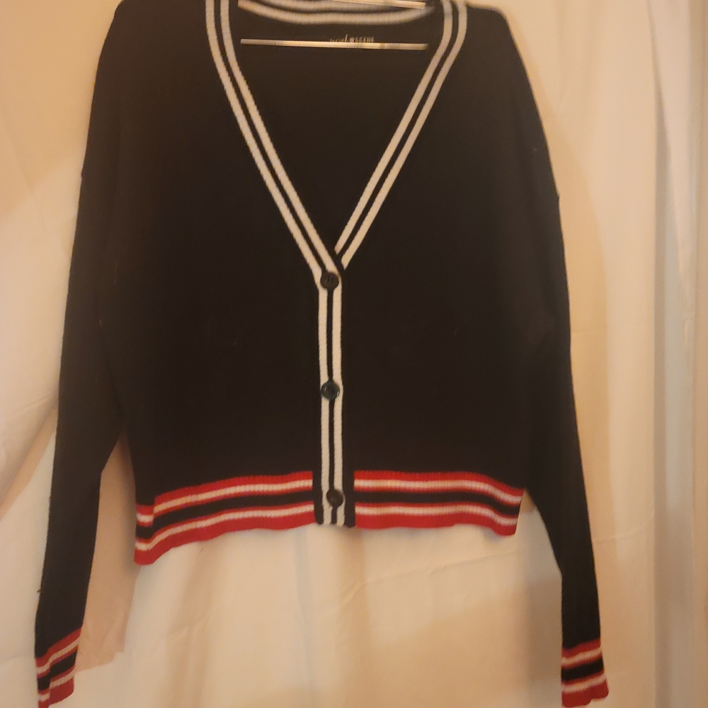 Elegant Black Cardigan with Red and White Trim